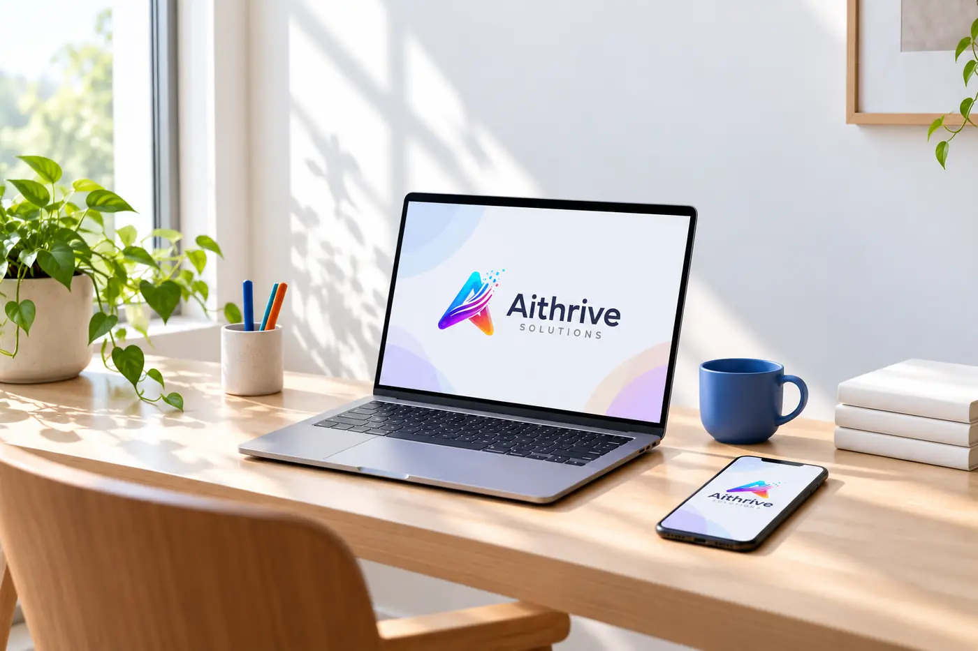 A bright wooden desk by a window with an open laptop and a phone showing the AiThrive logo, a blue mug and a plant.