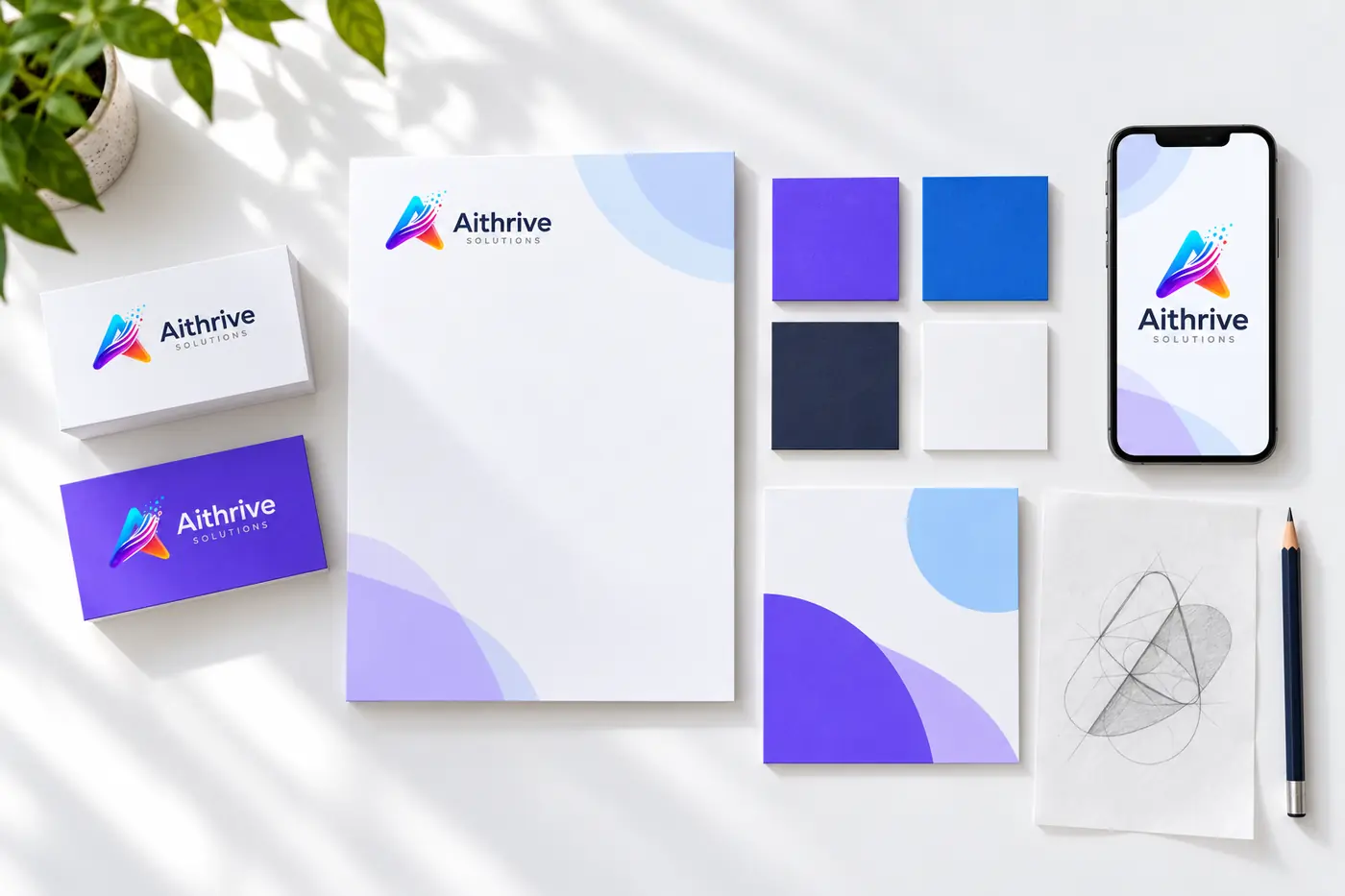 A brand identity set on a white desk: business cards, a letterhead, colour swatches, a social post card, a phone and a logo sketch.